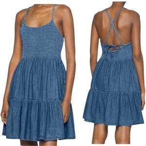 GAP NWT Denim Dress Smocked Sz S Fit Flare Blue Halter Pockets Tie Back